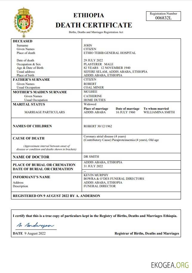 Modèle Word et PDF de certificat de décès de l'état civil de l'Éthiopie
